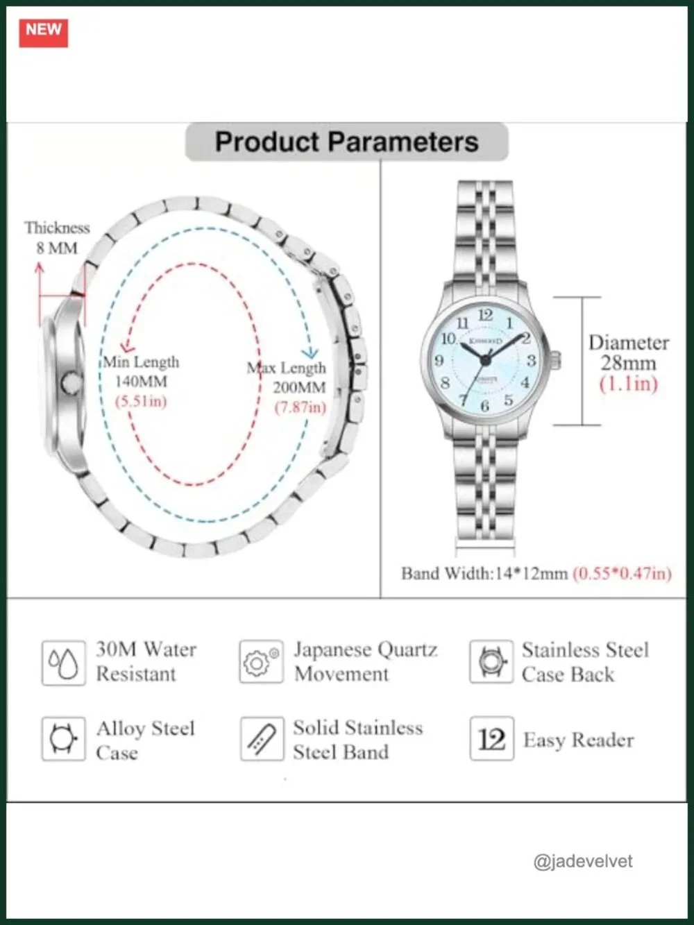 Stainless Steel Easy Reader Dress Watch for Women Japanese Quartz Water